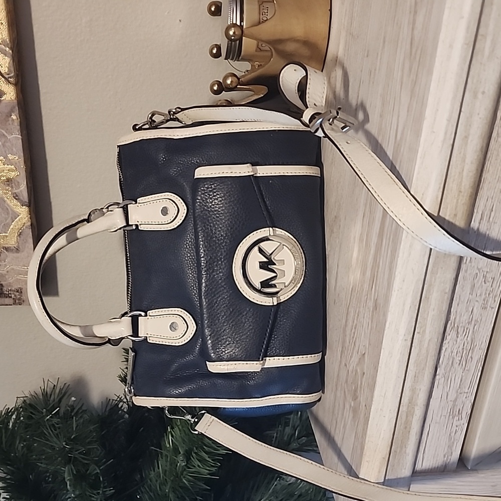 Michael Kors Navy Blue & White Leather Handbag